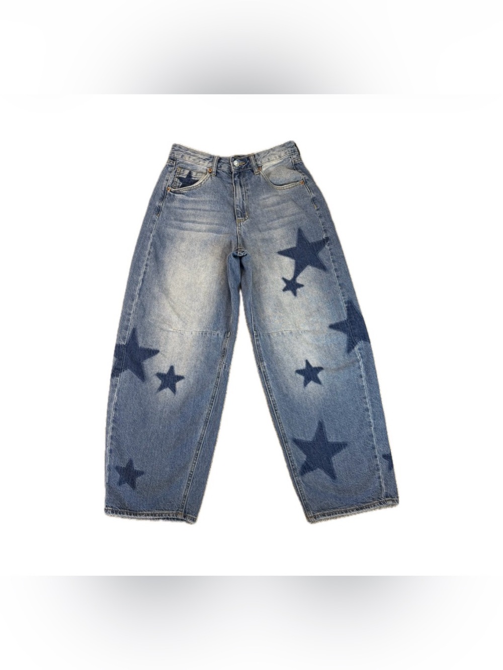S.O.N.G. Womens 5/27 Star Print Barrel Leg Baggy Jeans Blue Denim Two-Tone